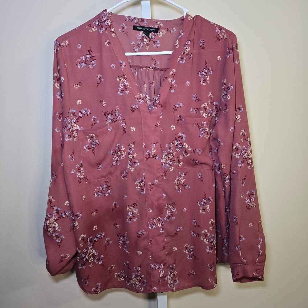 41 Hawthorn Petite Floral Print‎ V Neck Long Sleeve Blouse Top sz L Petite